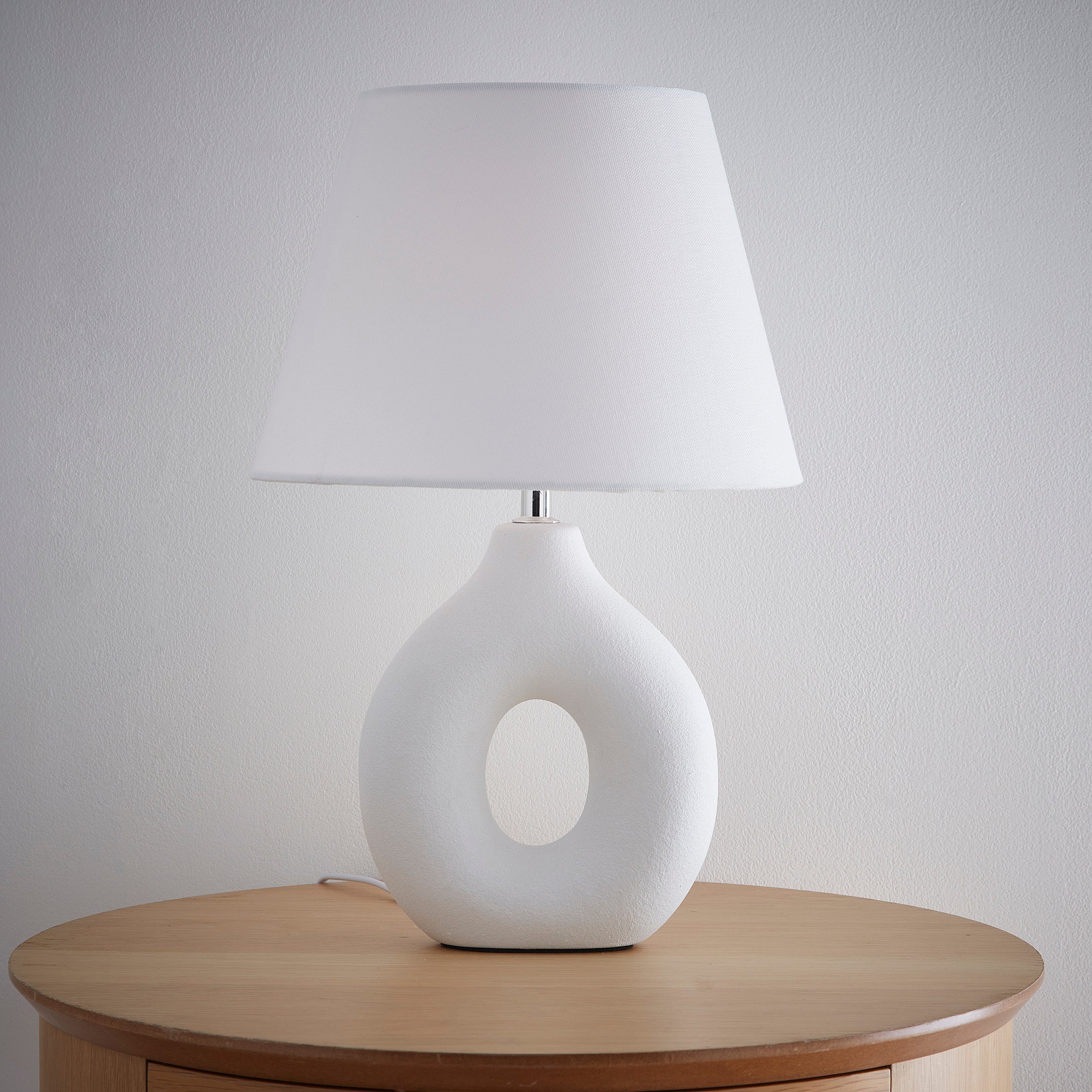 White Ceramic Hollow Table Lamp with White Cotton Drum Shade
