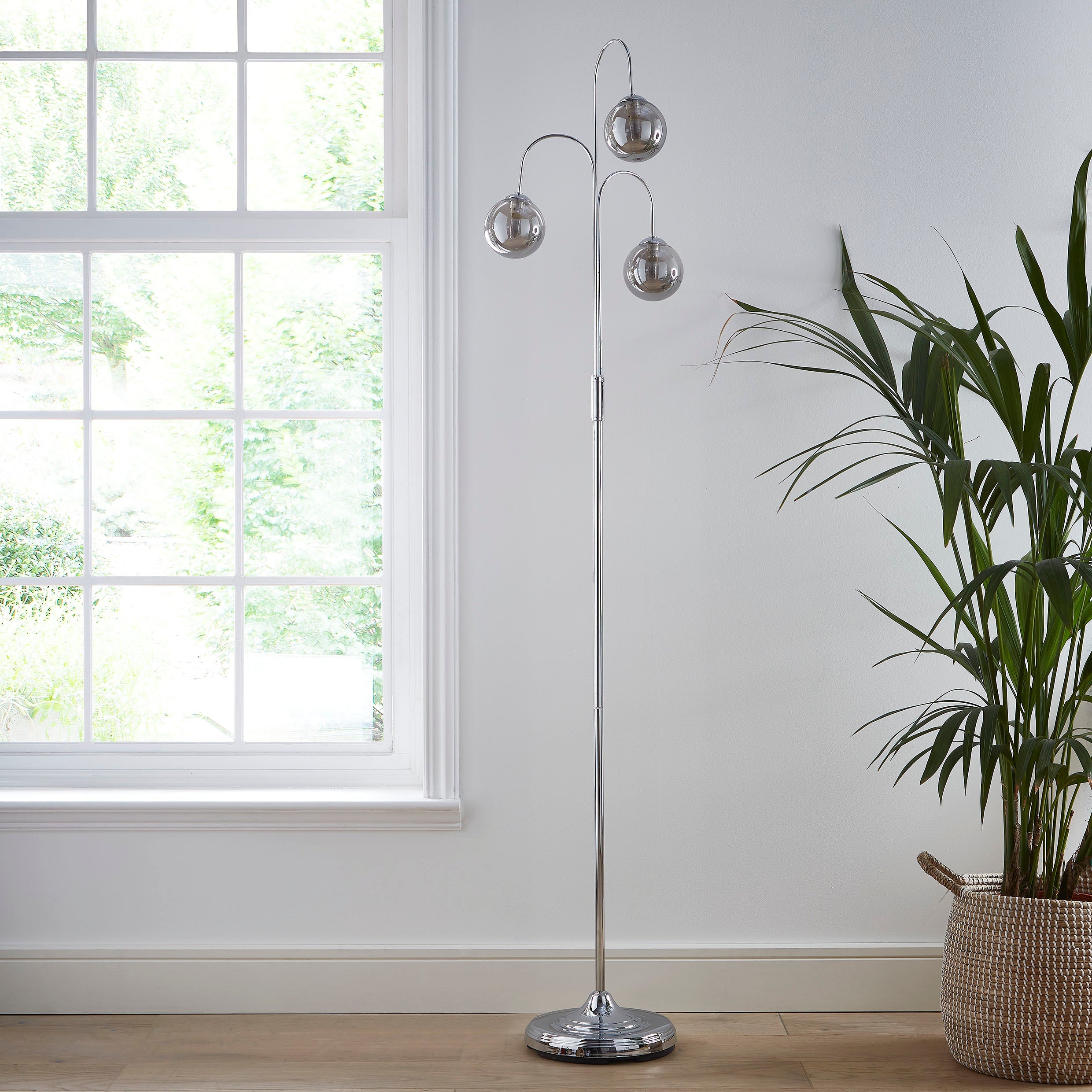 Antique Brass or Chrome Table or Floor lamps with Glass Globe Shades in a hanging branch style