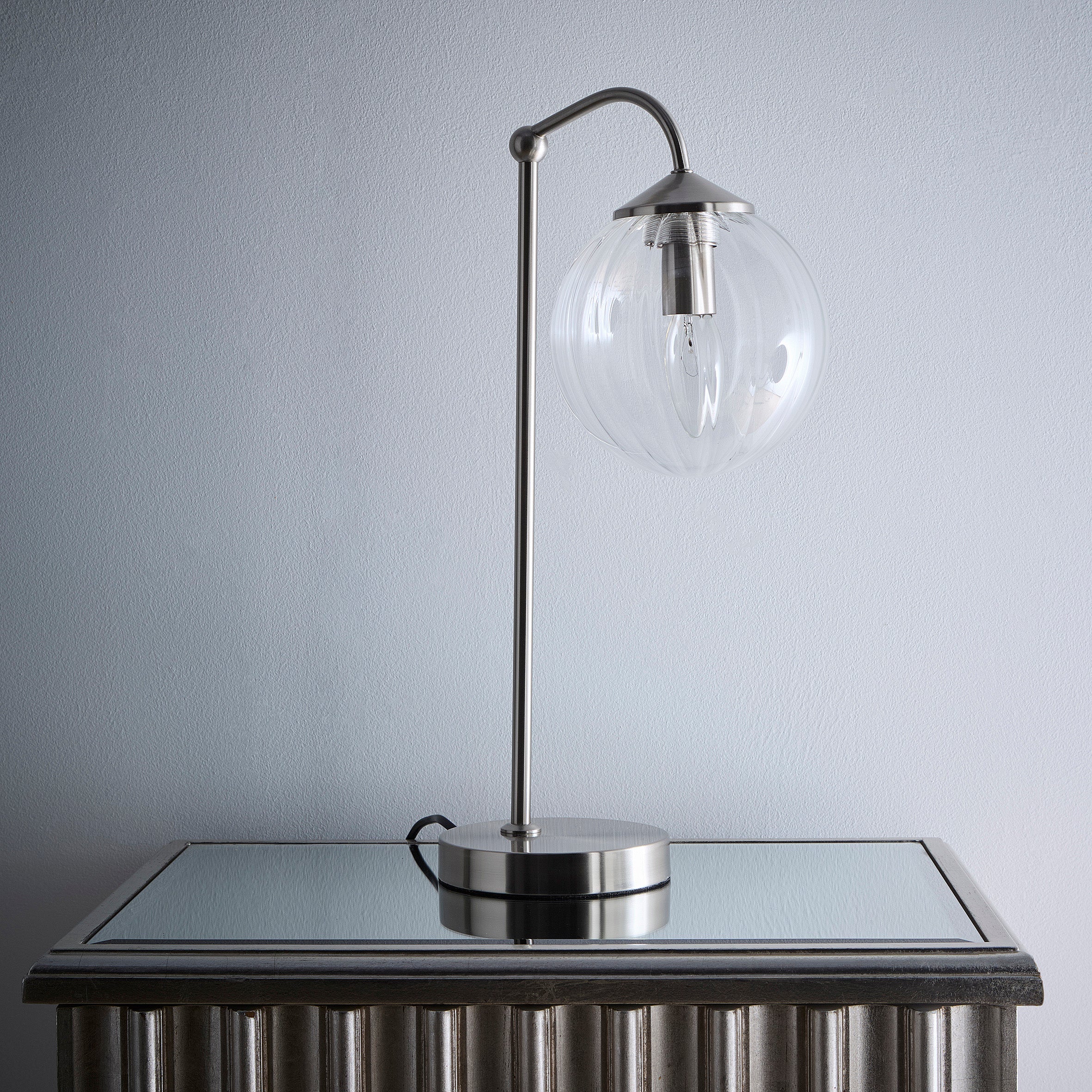Modern Satin Nickel Table and Floor Lamp with a Ribbed Glass Lamp Shade
