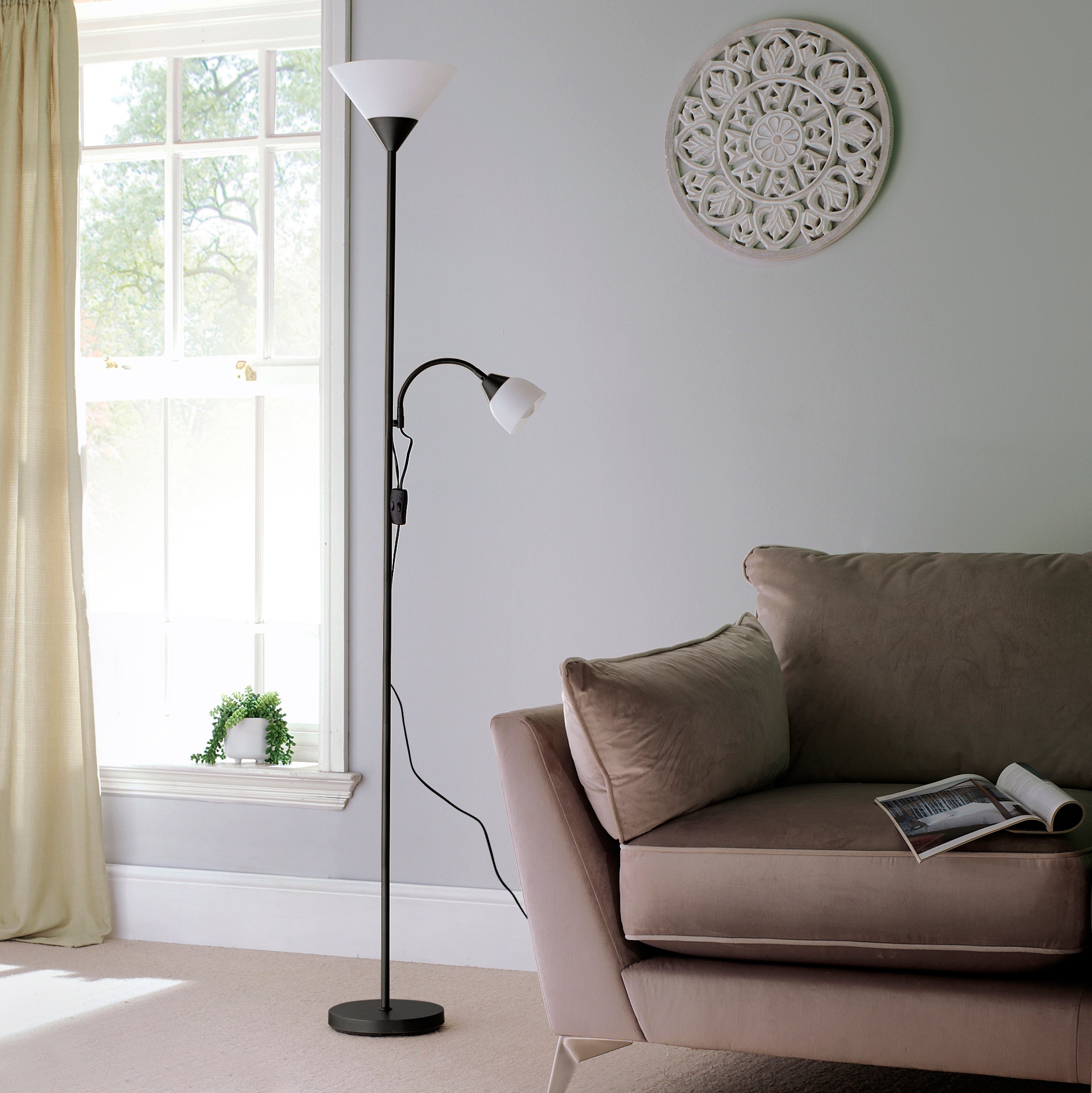 Mother and Child Black Floor Lamp with White Frosted Shades