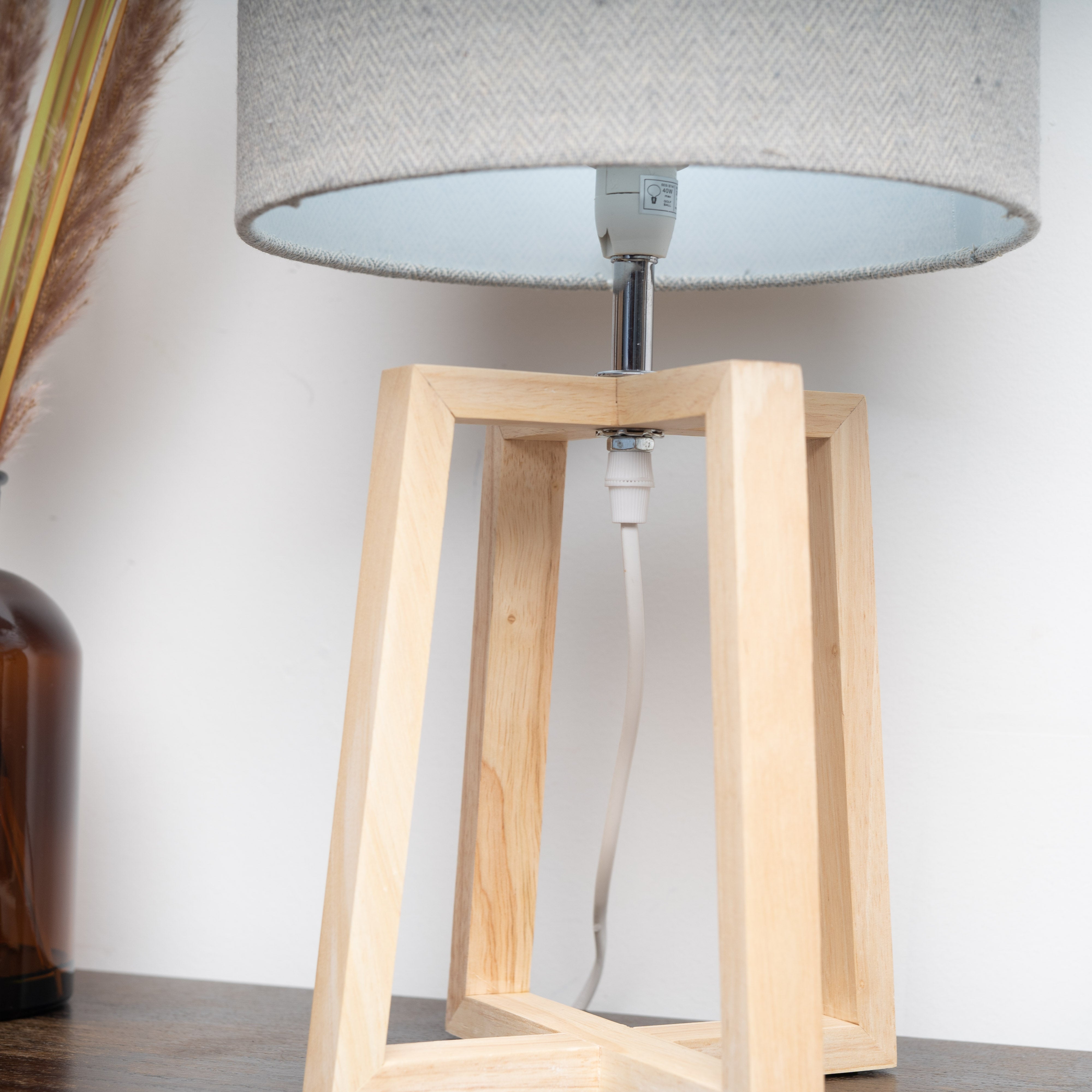 Natural Wooden Stool Table Lamp with Linen Shade