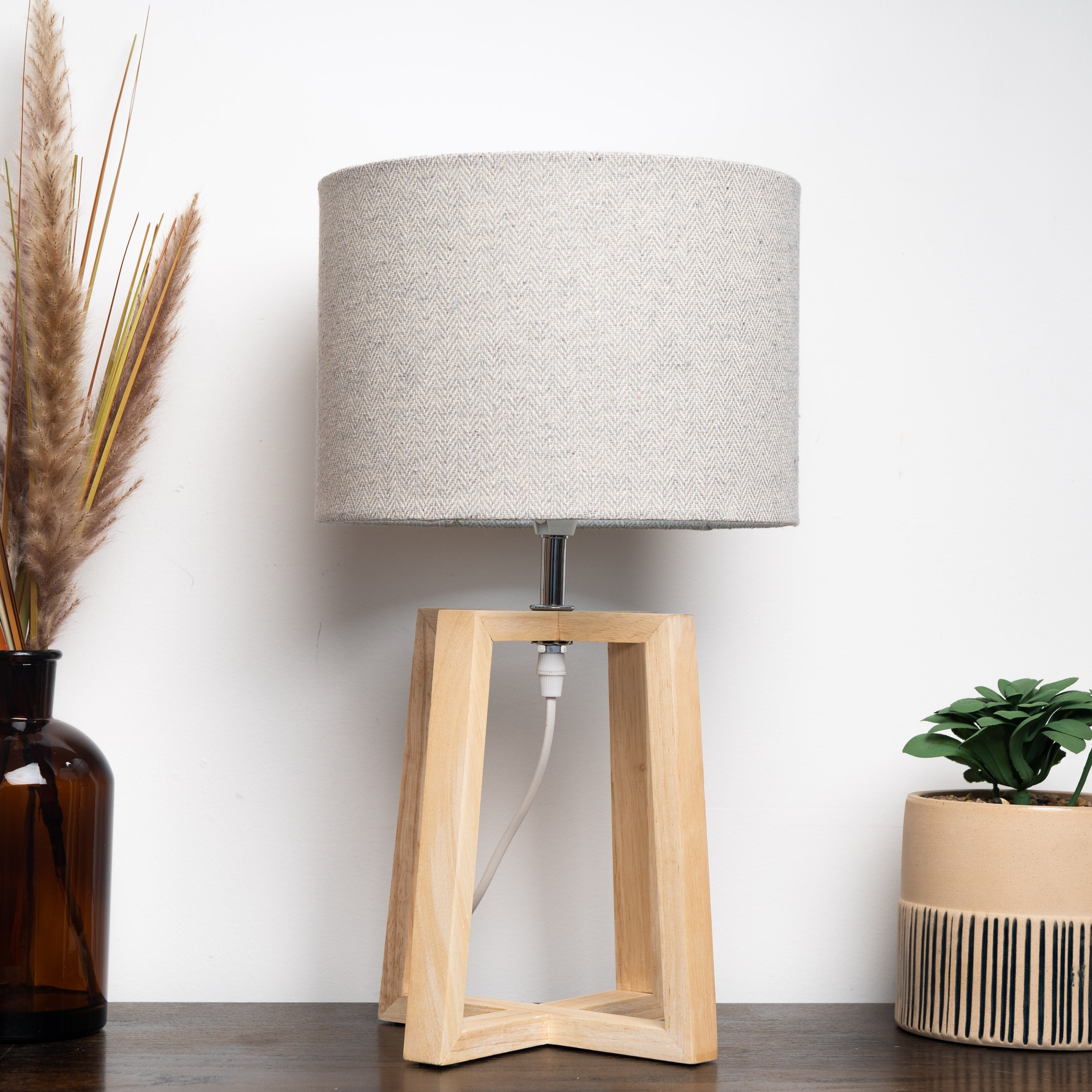 Natural Wooden Stool Table Lamp with Linen Shade