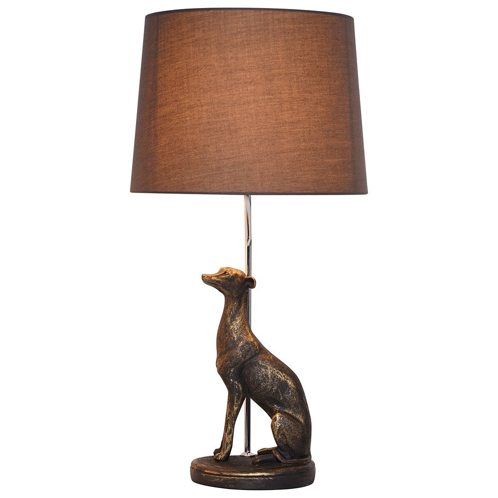 Rita Brown/Gold Poly Resin Dog Table Lamp with Dark Brown Fabric Shade