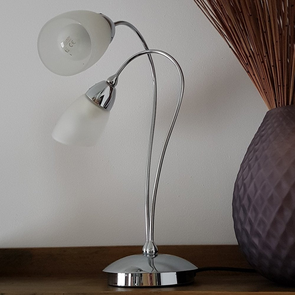 Cygnus 2 Light Table Lamp with Frosted Glass Shades, Chrome