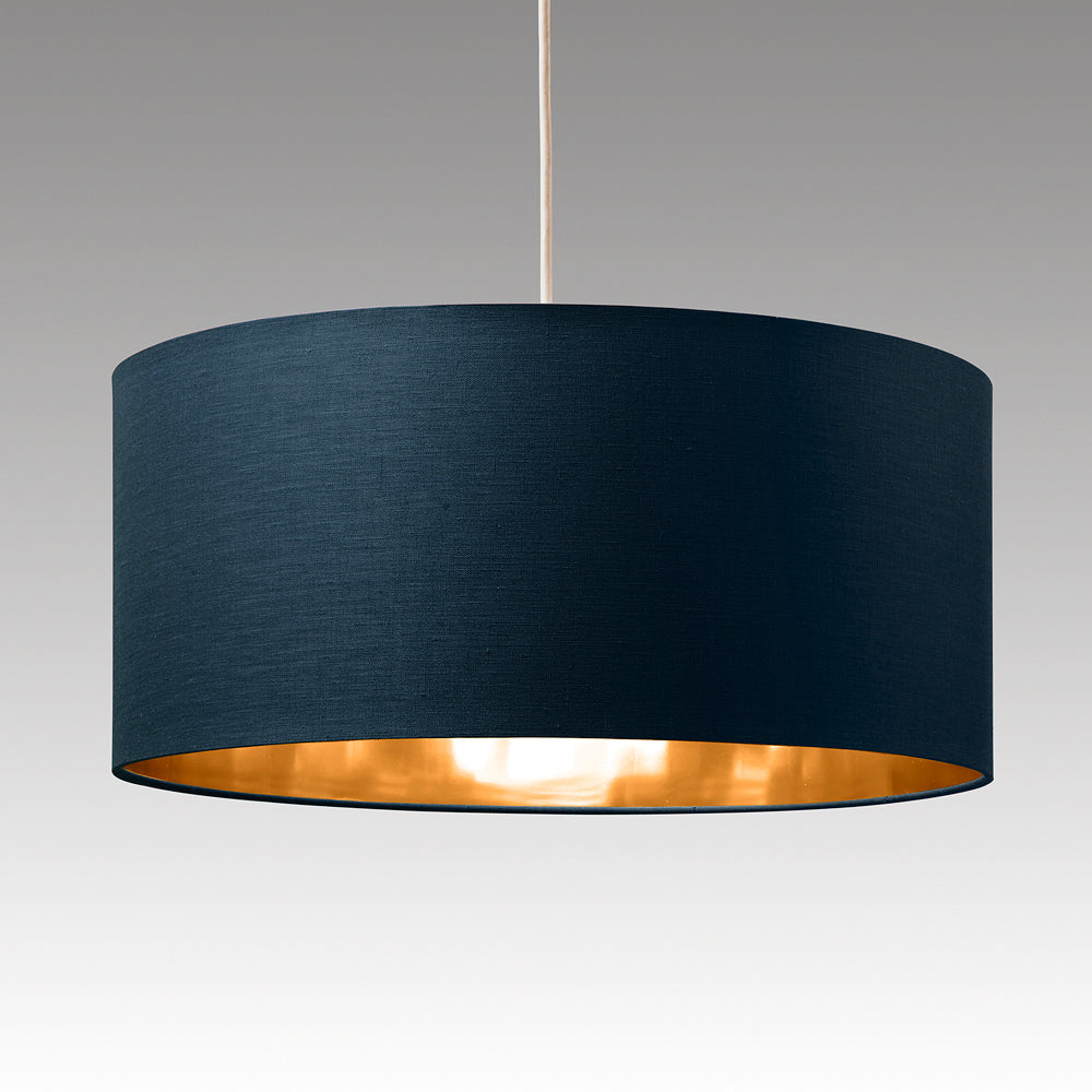 Large Ceiling Drum shades in Black, Grey, Navy or Teal with inner Metallic Linings to Match