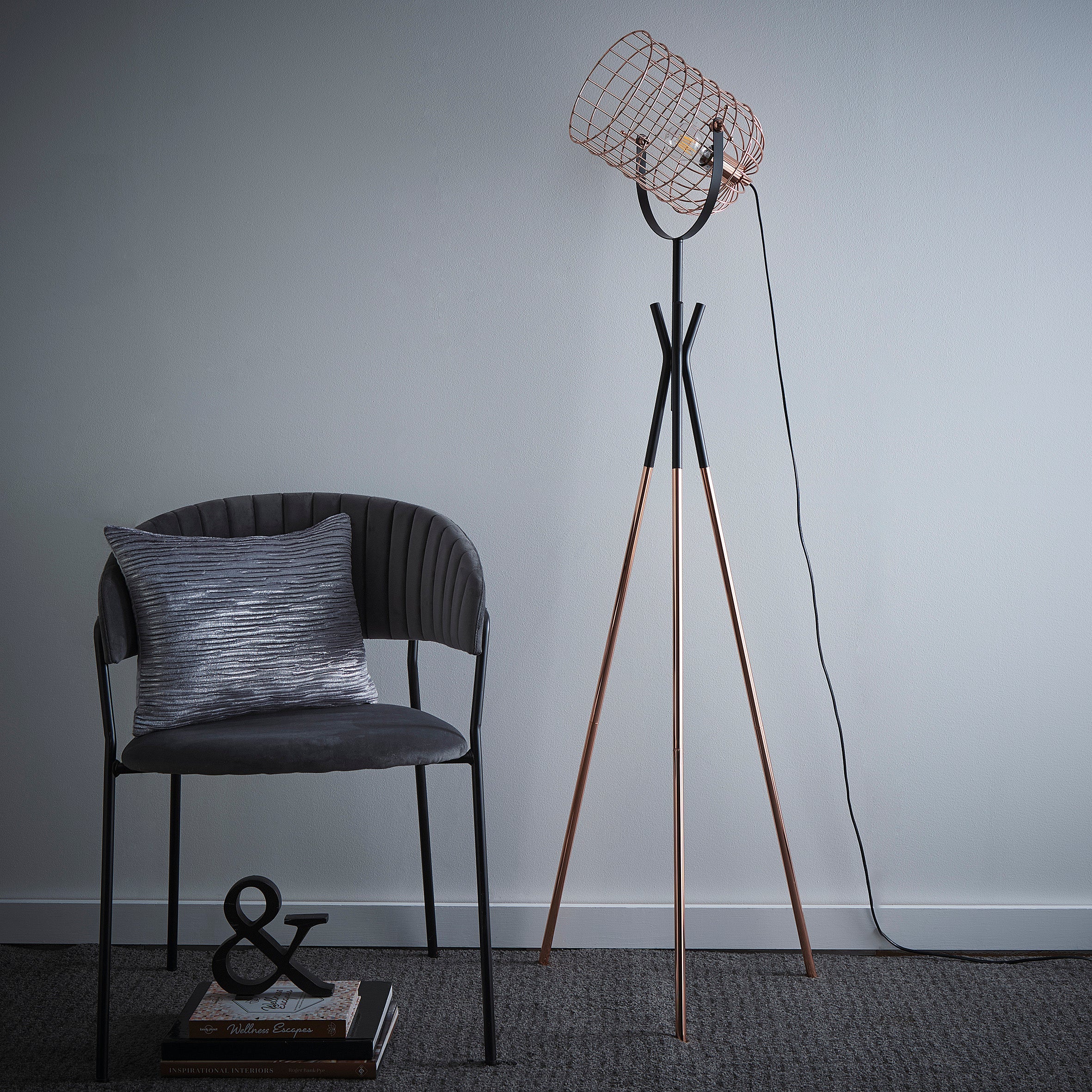 K LIVING Tripod Copper Table Lamp and Floor Lamp option with an Industrial Metal Cage Style and a Polished copper and Black finish
