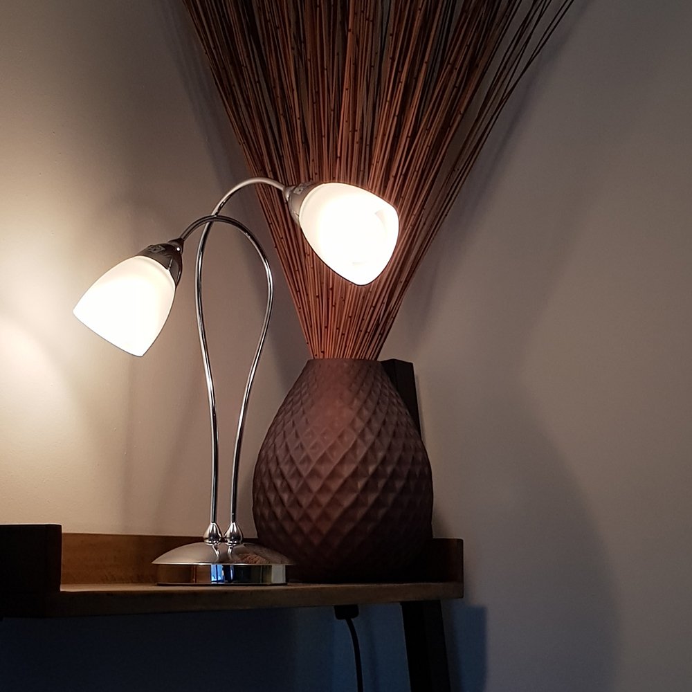 Cygnus 2 Light Table Lamp with Frosted Glass Shades, Chrome