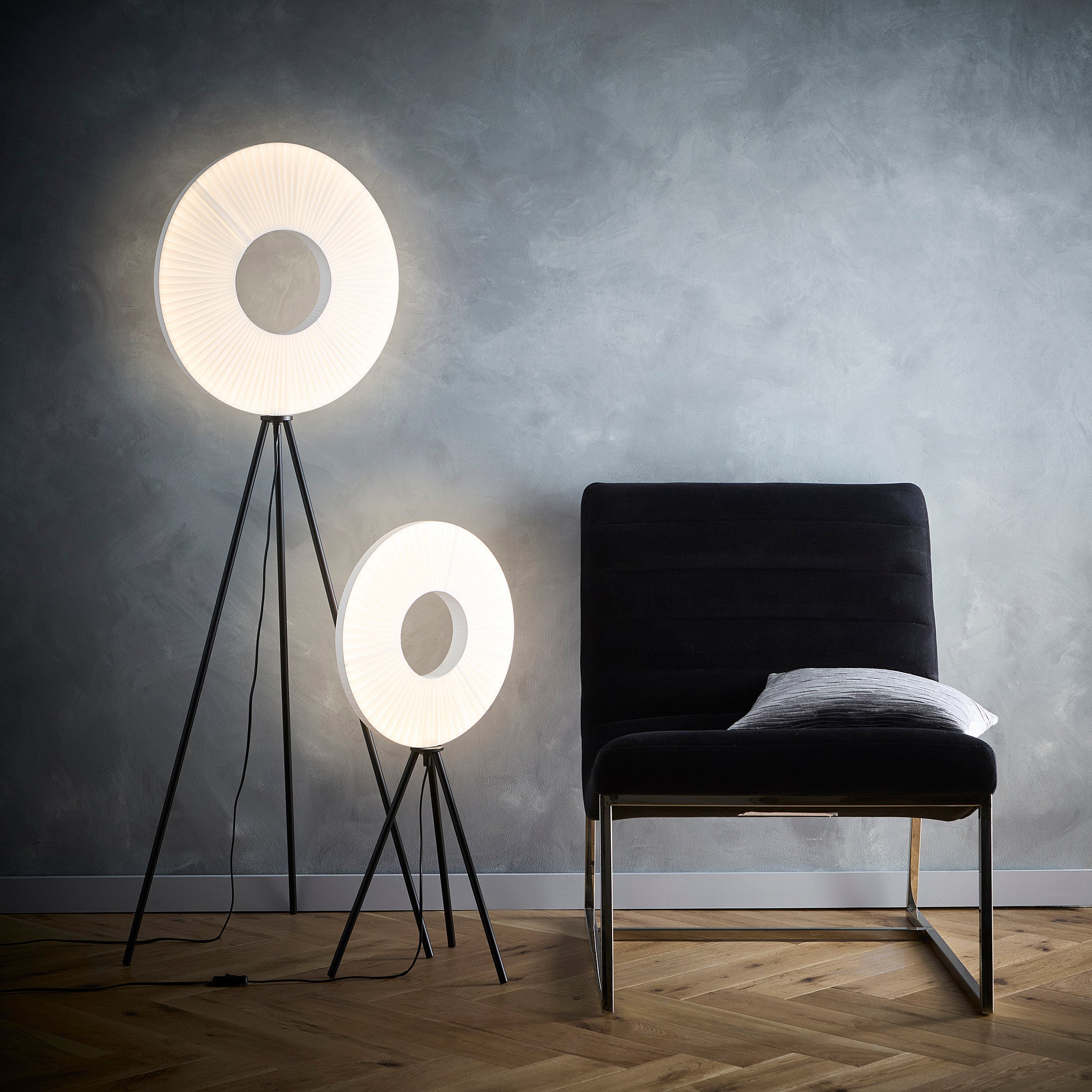 Riley LED Tripod Floor Lamp or Table Lamp with White Fabric Shade and black tripod legs