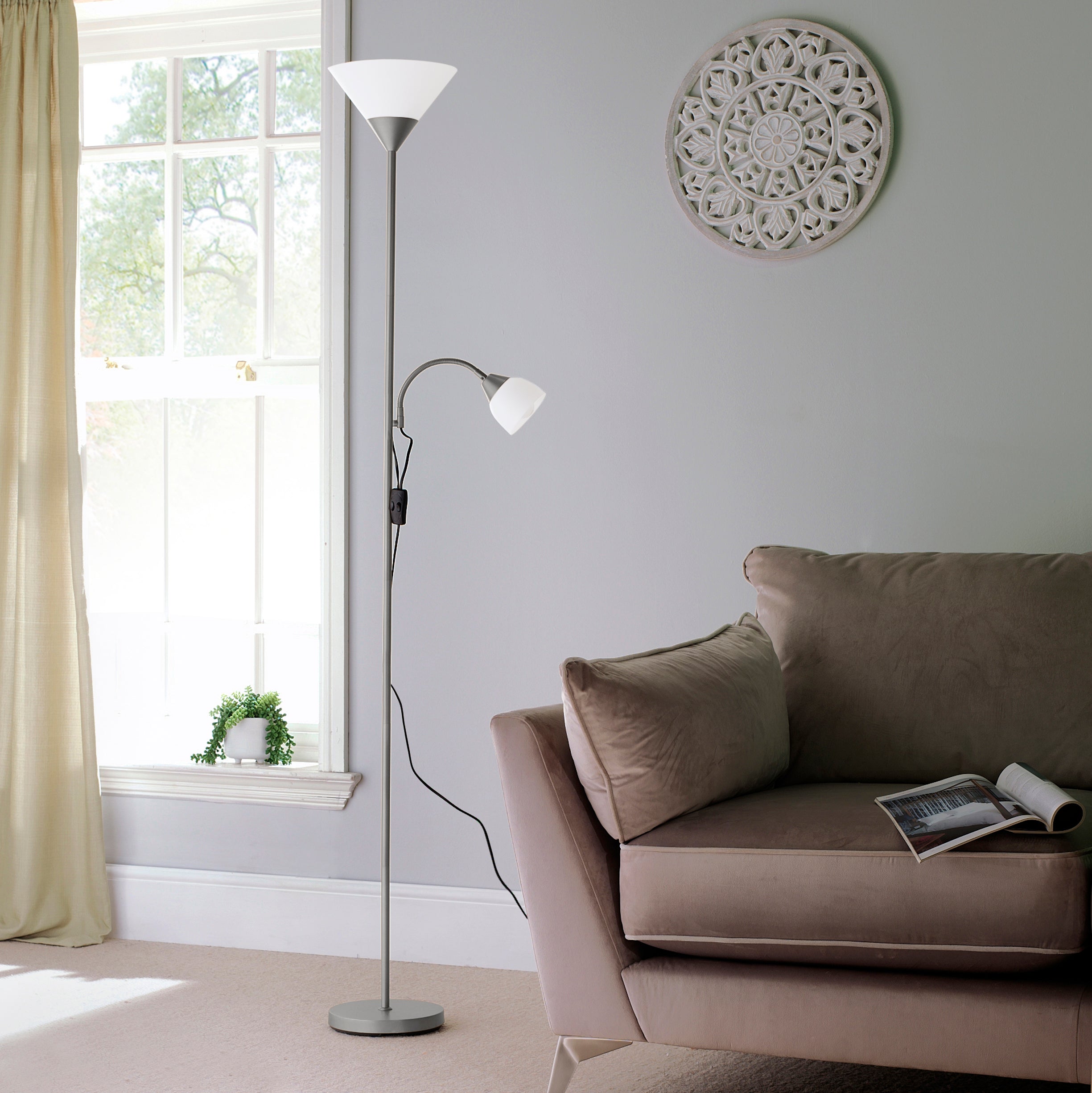 Mother and Child Silver Floor Lamp with White Frosted Shades