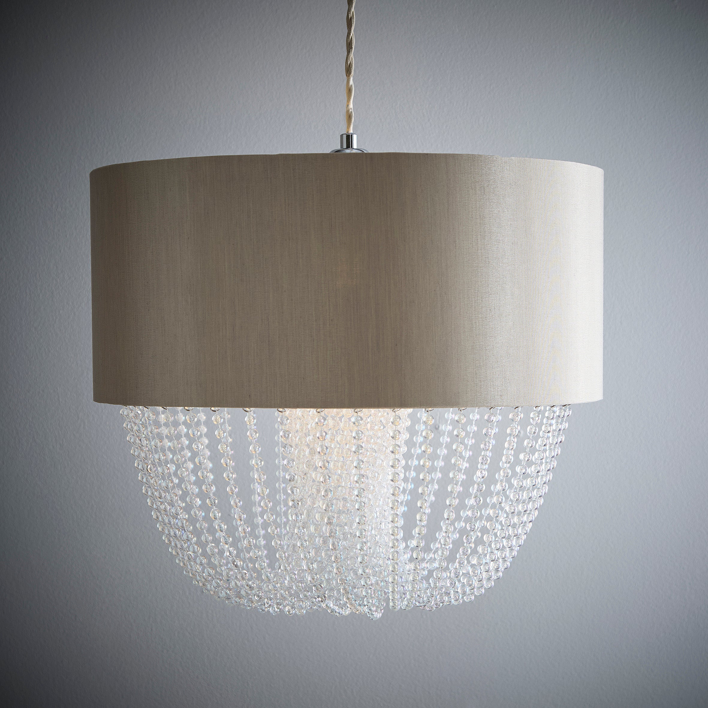 Grey Fabric Ceiling Pendant Light shade with Cascading Acrylic Bead Droplet Design