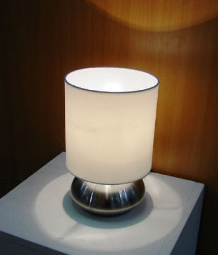 Silver Chrome Pair of Touch Lamps with White Lamp shade and Stepped Dimming options