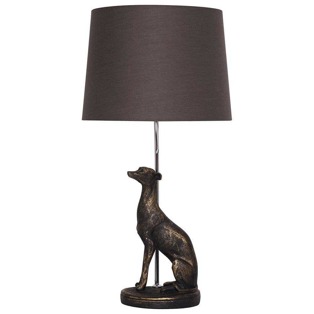 Rita Brown/Gold Poly Resin Dog Table Lamp with Dark Brown Fabric Shade