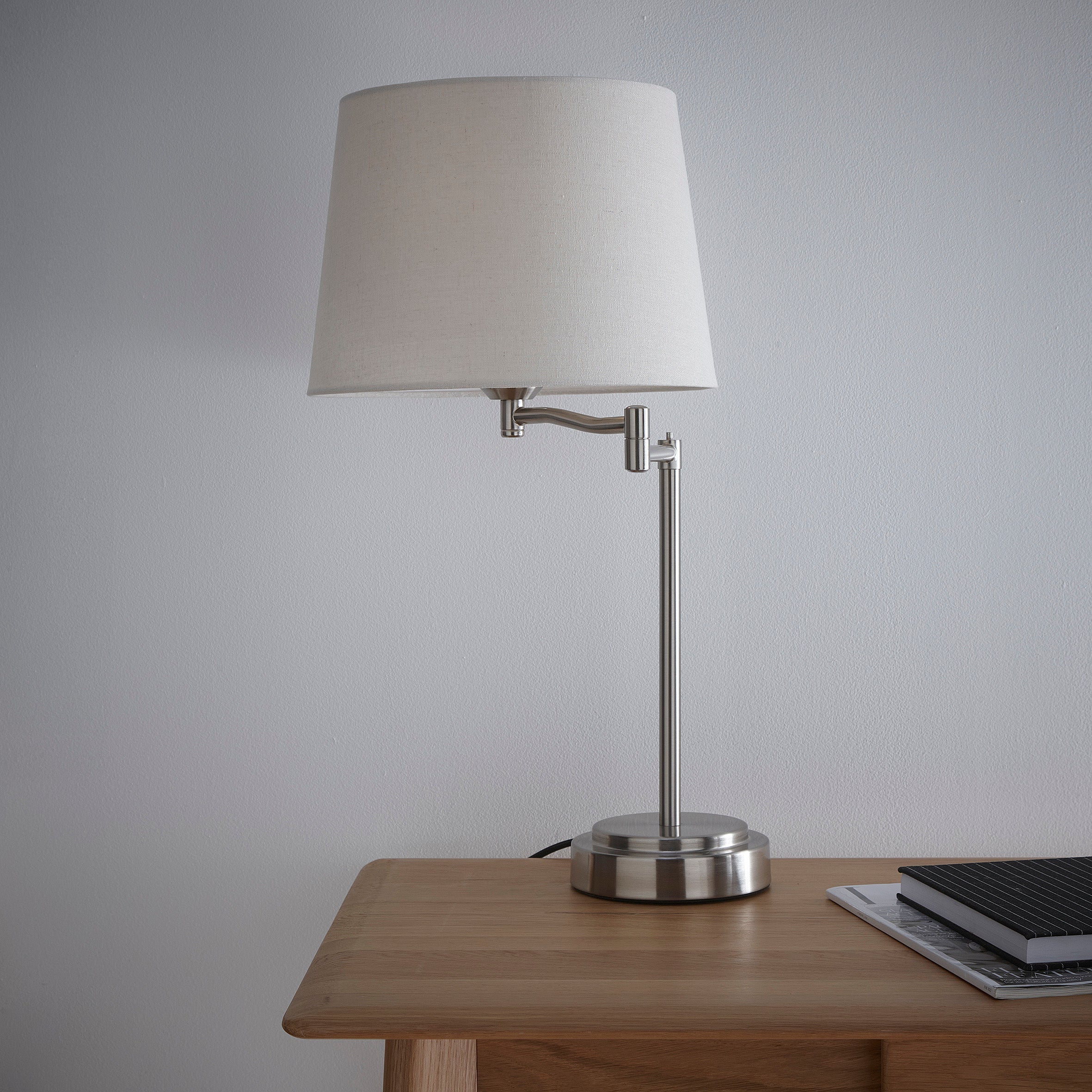 Classic Swivel Table Lamps in Matt Black or Brushed Silver with Swing Arms and Linen Lampshades