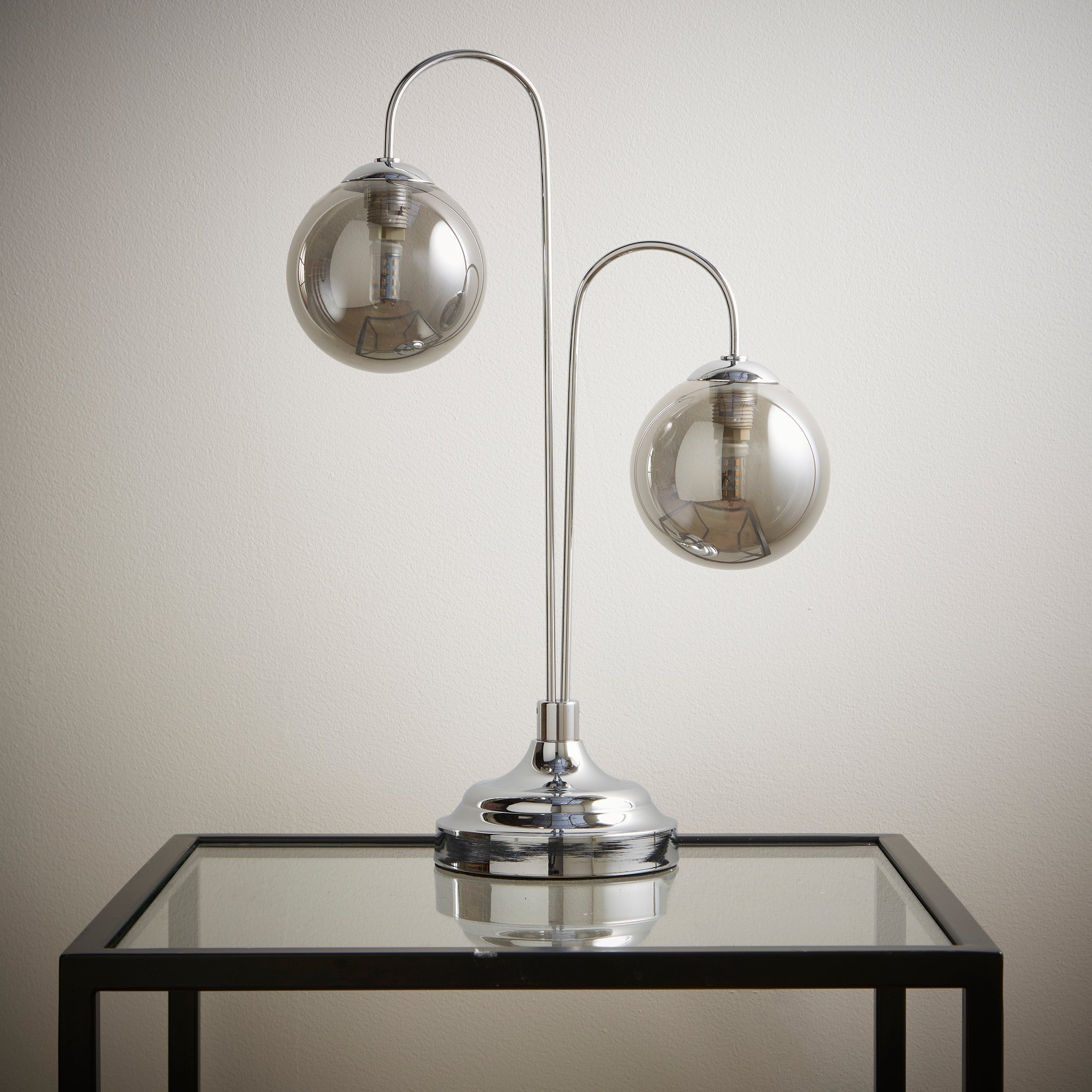 Antique Brass or Chrome Table or Floor lamps with Glass Globe Shades in a hanging branch style