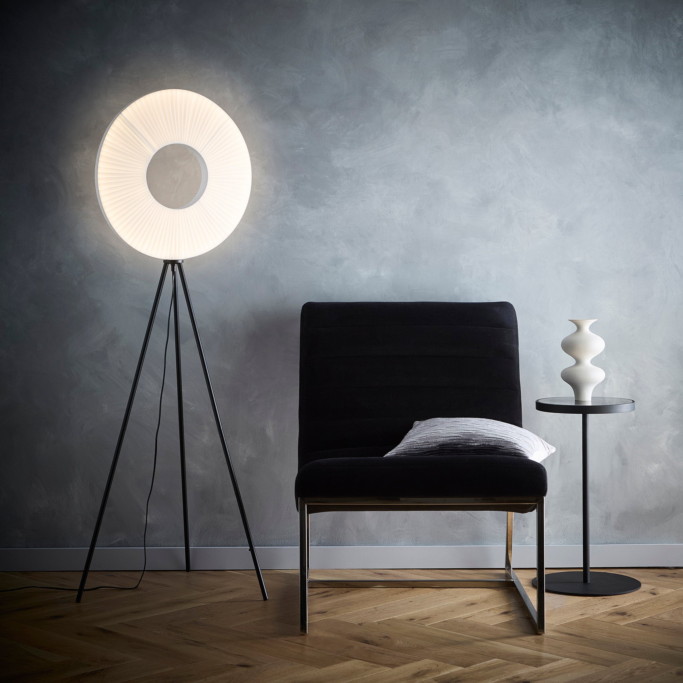 Riley LED Tripod Floor Lamp or Table Lamp with White Fabric Shade and black tripod legs