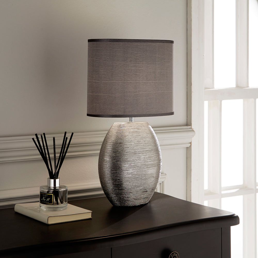Waltham Silver Ceramic Table Lamp complete with Grey / Silver Lamp shade