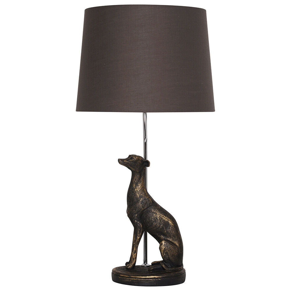 Rita Brown/Gold Poly Resin Dog Table Lamp with Dark Brown Fabric Shade