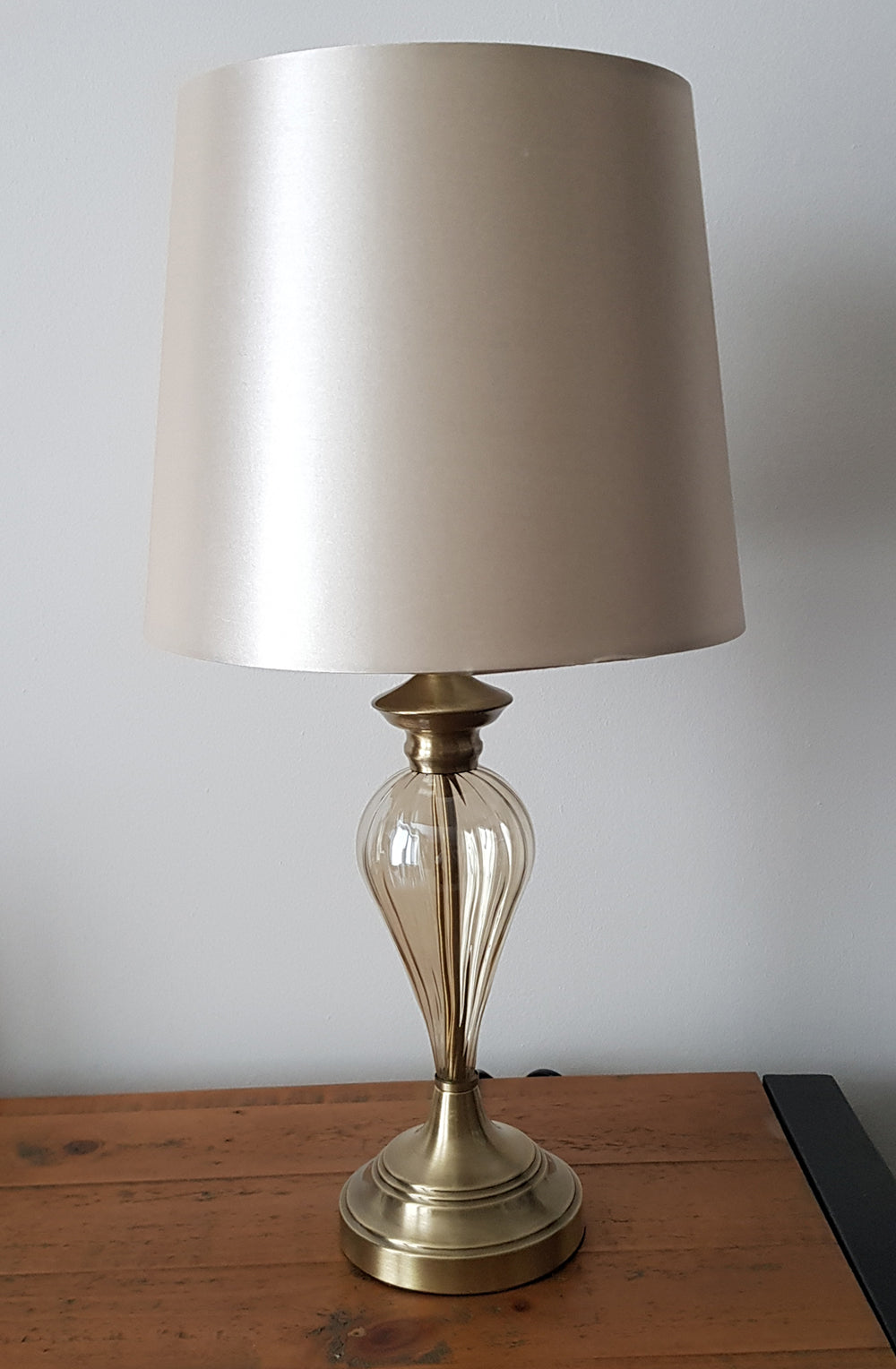 Denton Ribbed Glass Table Lamp with Champagne Shade and Antique Brass Base