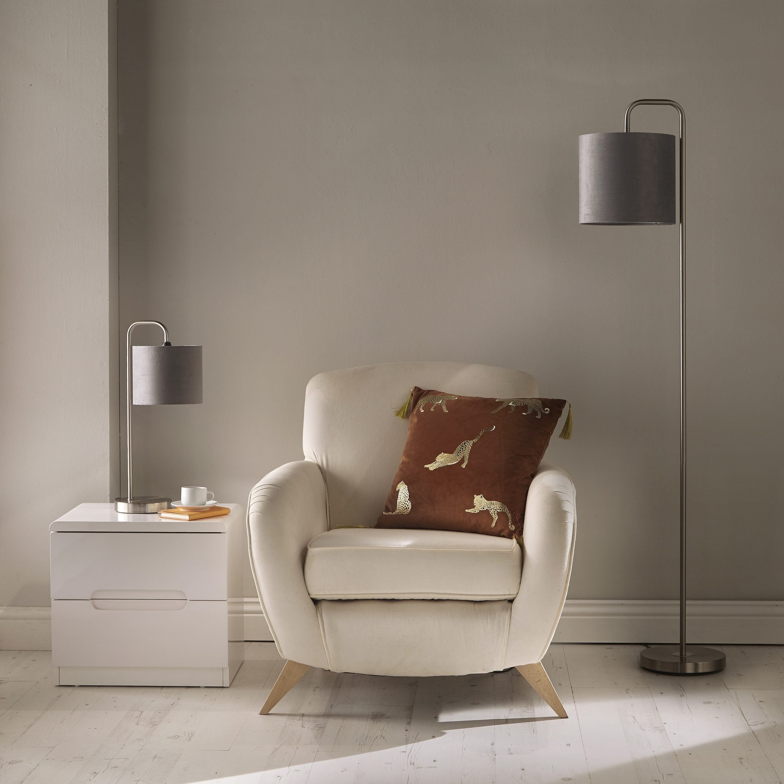 Hannah Satin Nickel Lamp with Grey Velvet Drum Shade