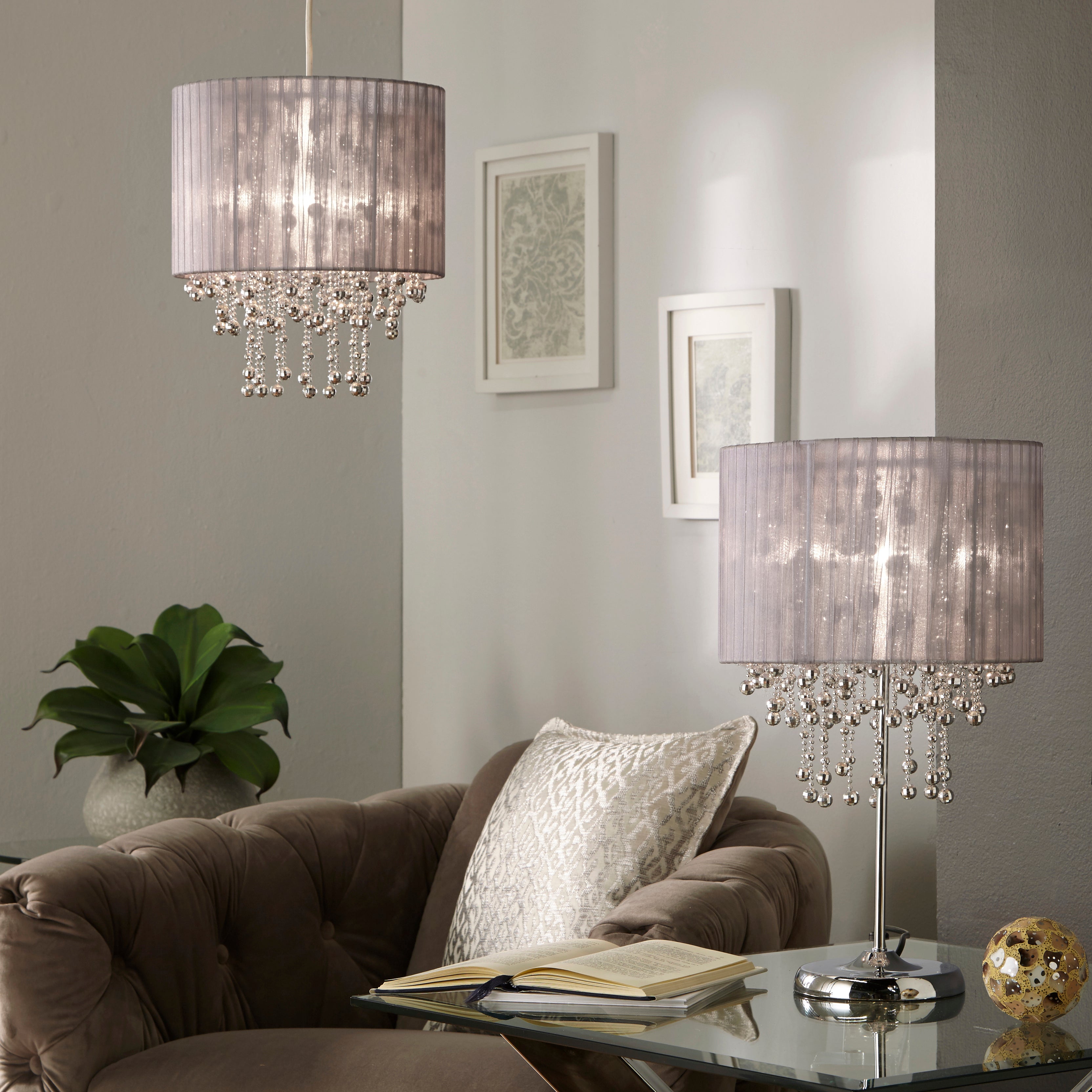 Kendra Grey Drum Lamp with Crystal Droplets