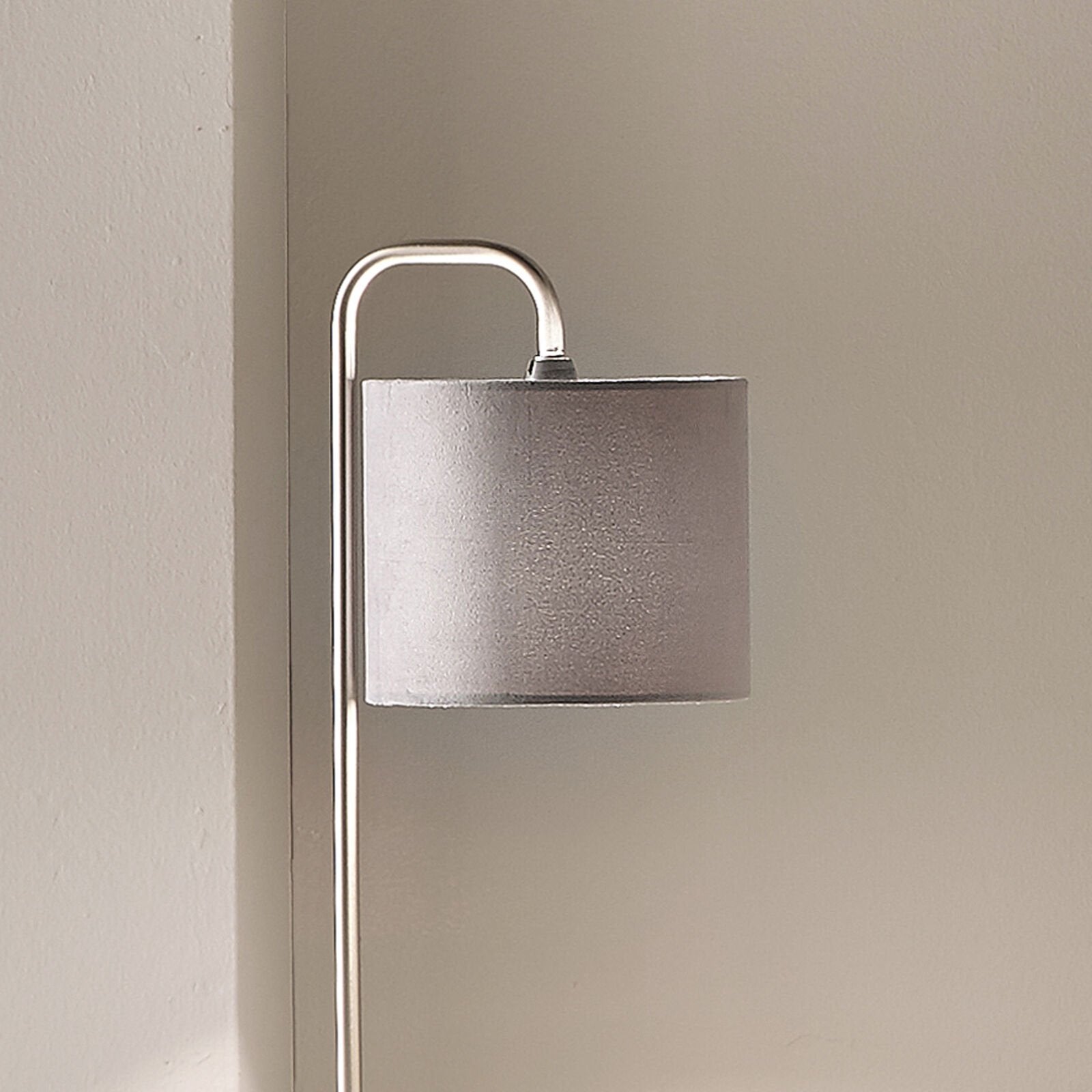 Hannah Satin Nickel Lamp with Grey Velvet Drum Shade