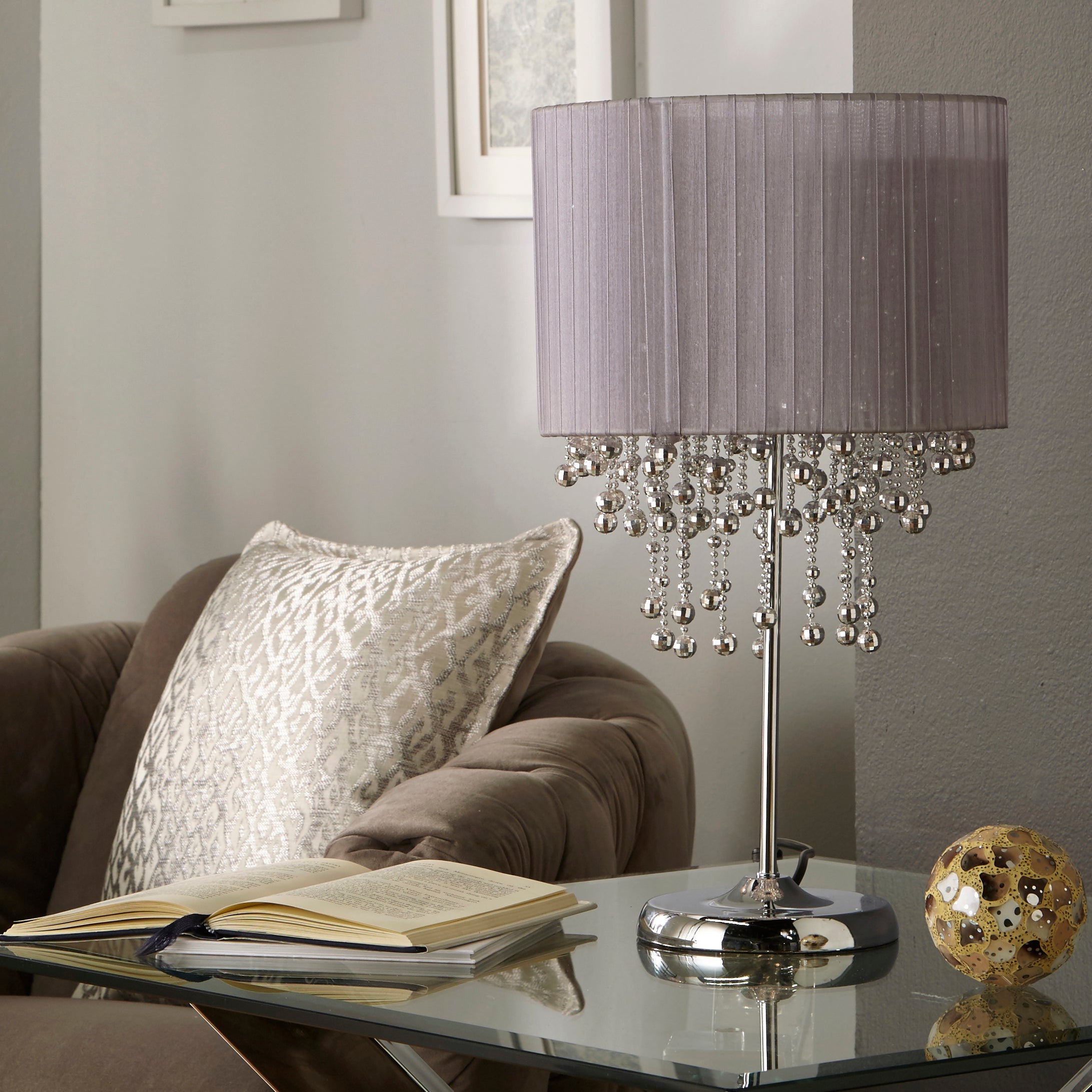 Kendra Grey Drum Lamp with Crystal Droplets