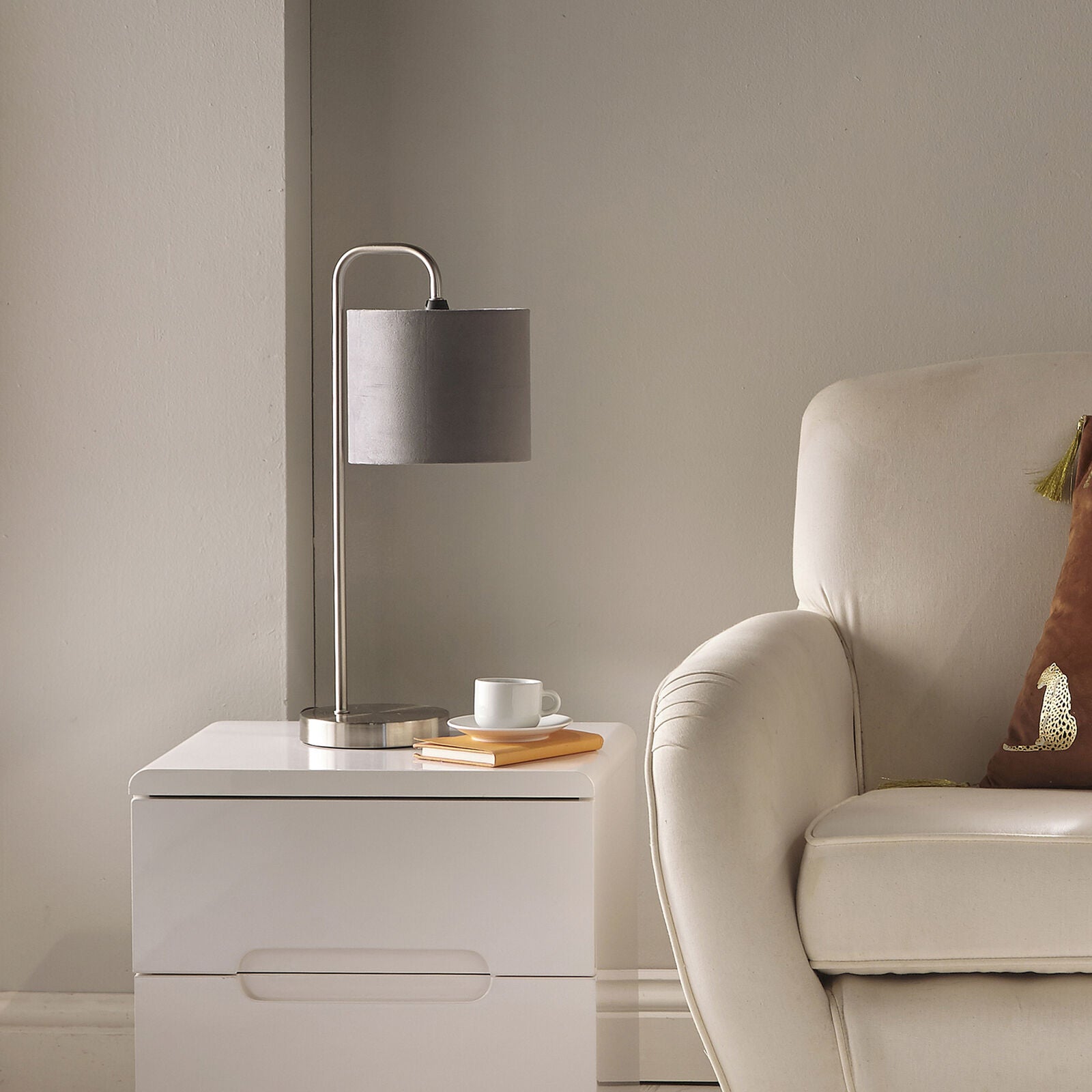 Hannah Satin Nickel Lamp with Grey Velvet Drum Shade