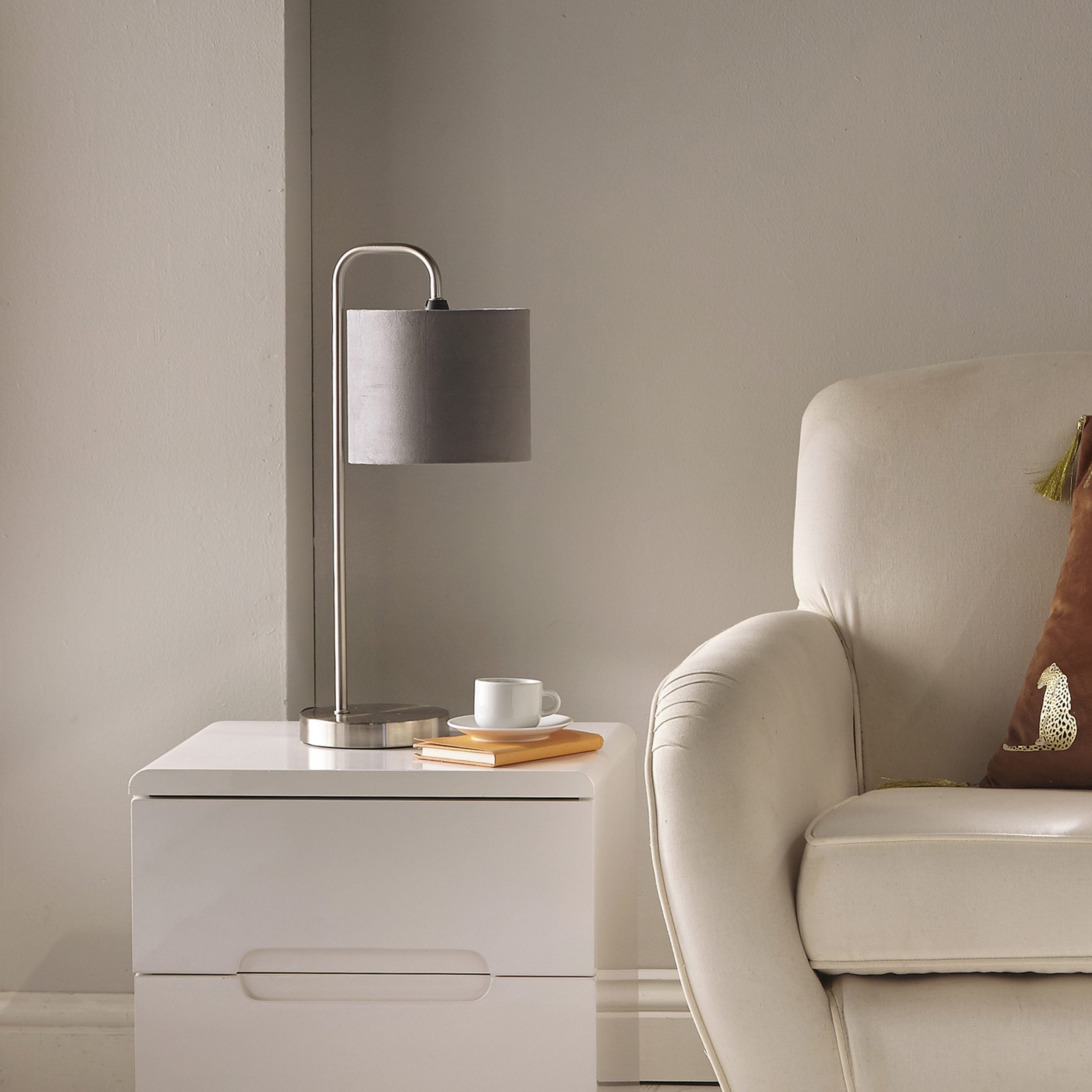 Hannah Satin Nickel Lamp with Grey Velvet Drum Shade