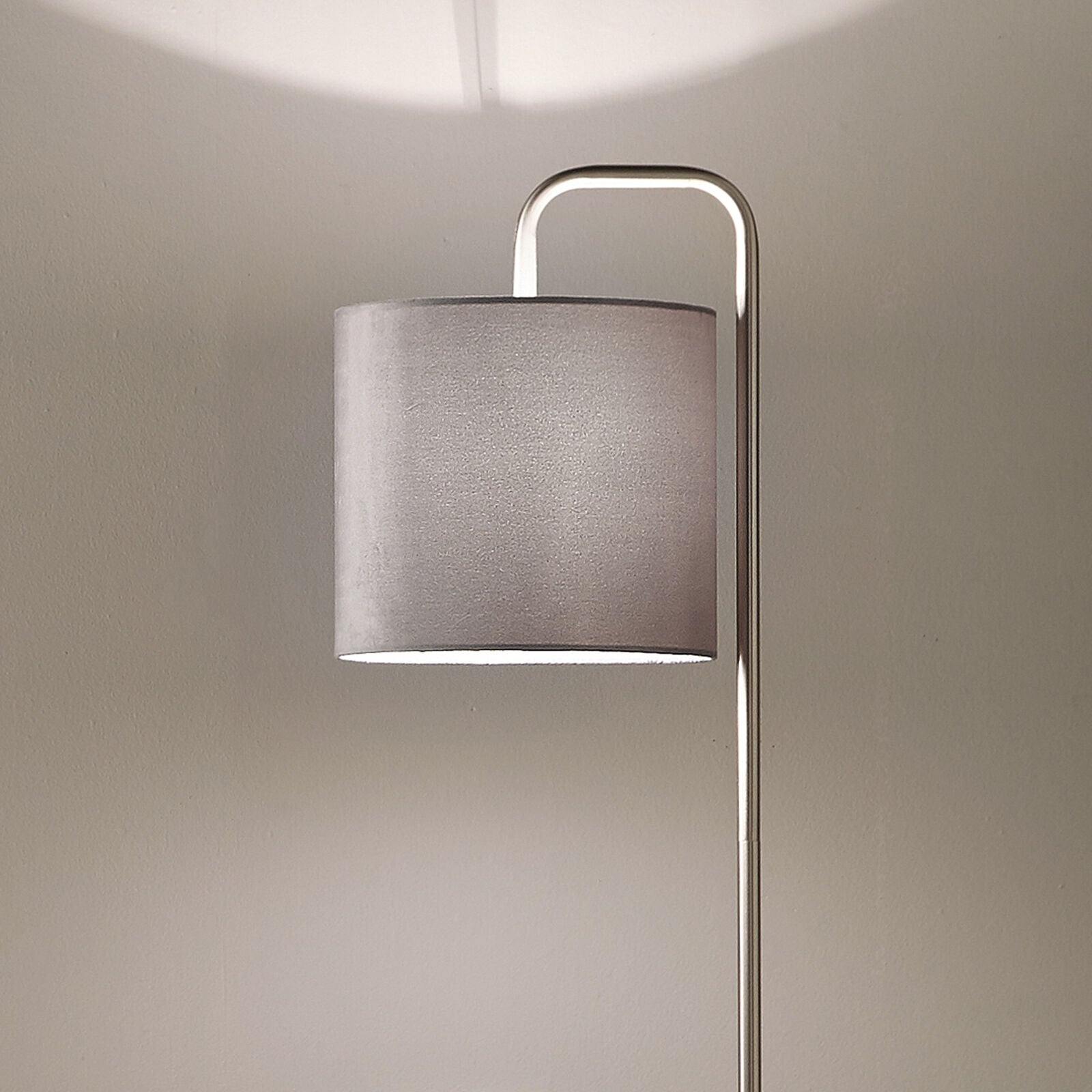 Hannah Satin Nickel Lamp with Grey Velvet Drum Shade
