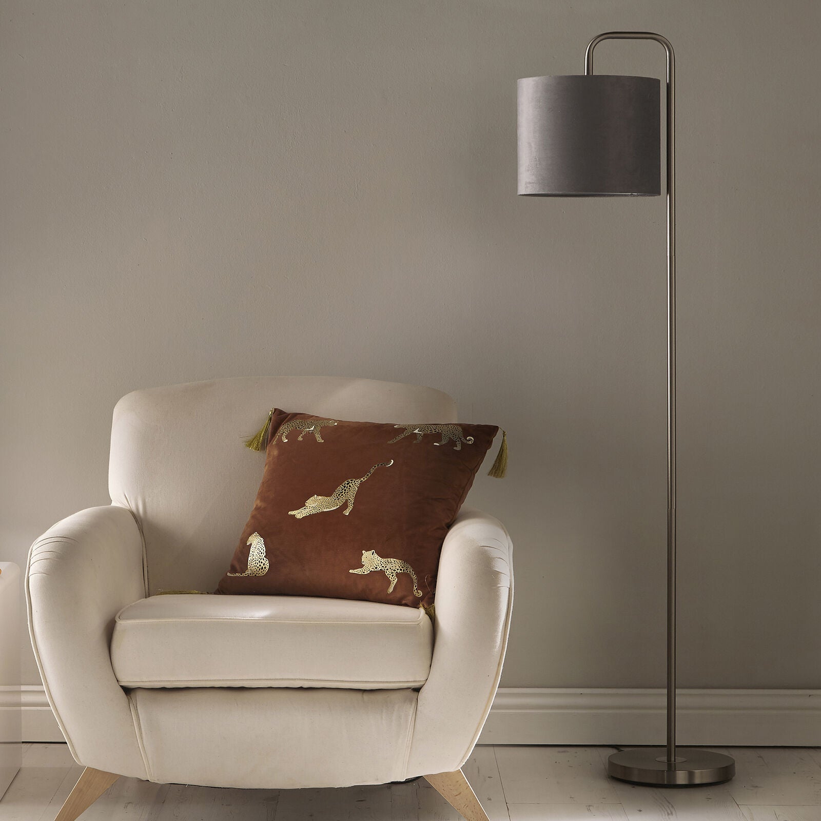 Hannah Satin Nickel Lamp with Grey Velvet Drum Shade