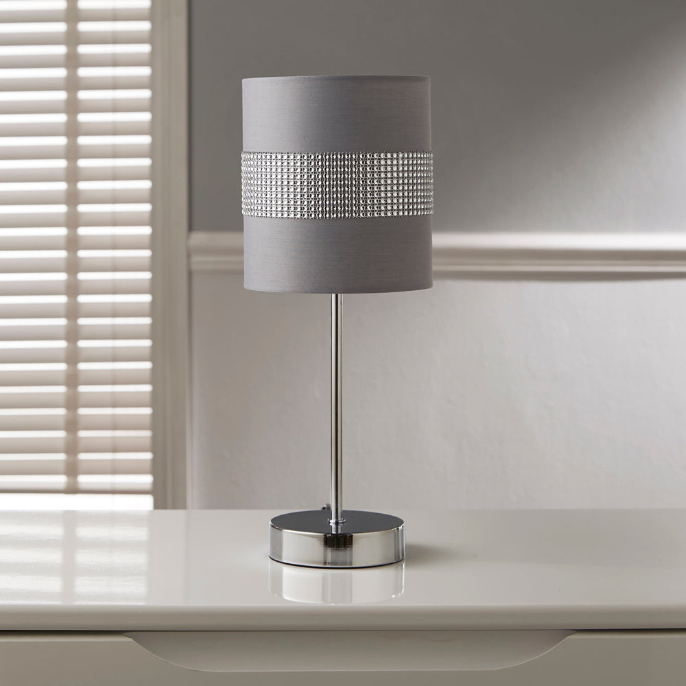Twinkle Grey Table Lamp with Diamante Wrap Grey shade