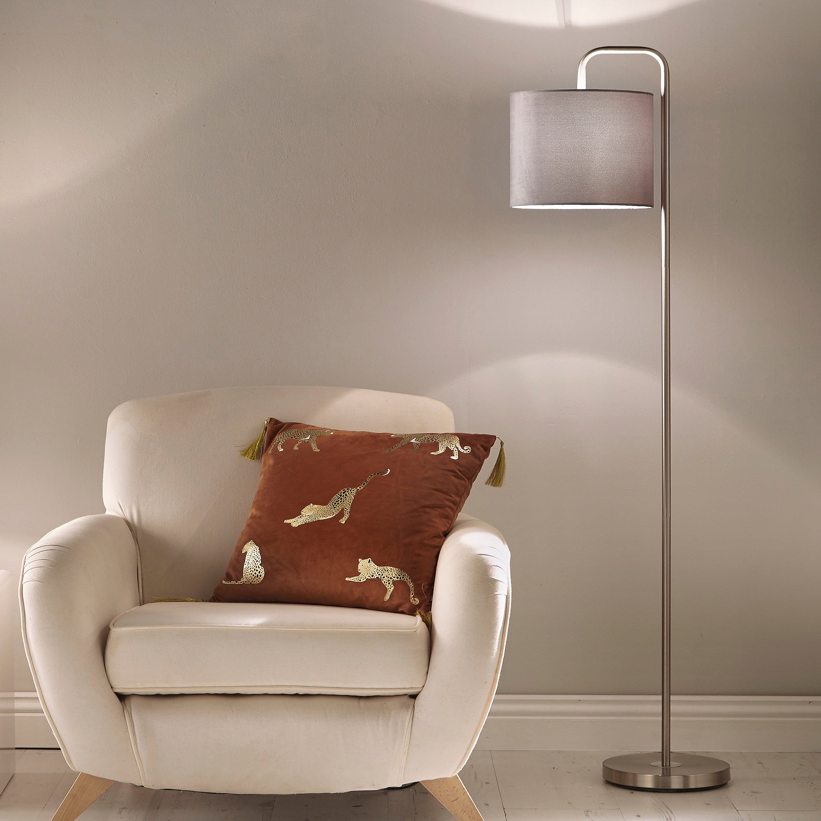 Hannah Satin Nickel Lamp with Grey Velvet Drum Shade