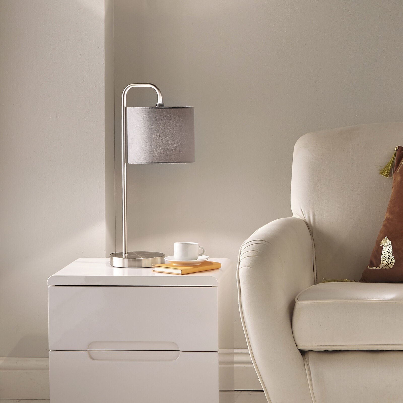Hannah Satin Nickel Lamp with Grey Velvet Drum Shade