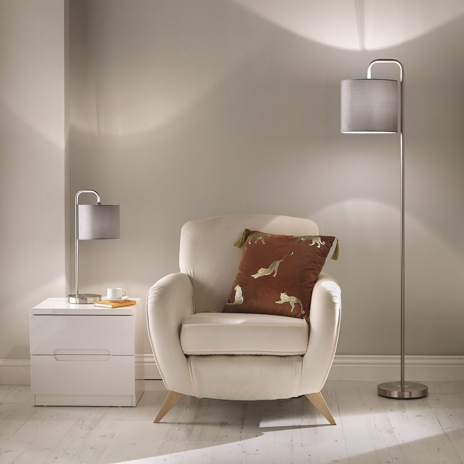Hannah Satin Nickel Lamp with Grey Velvet Drum Shade