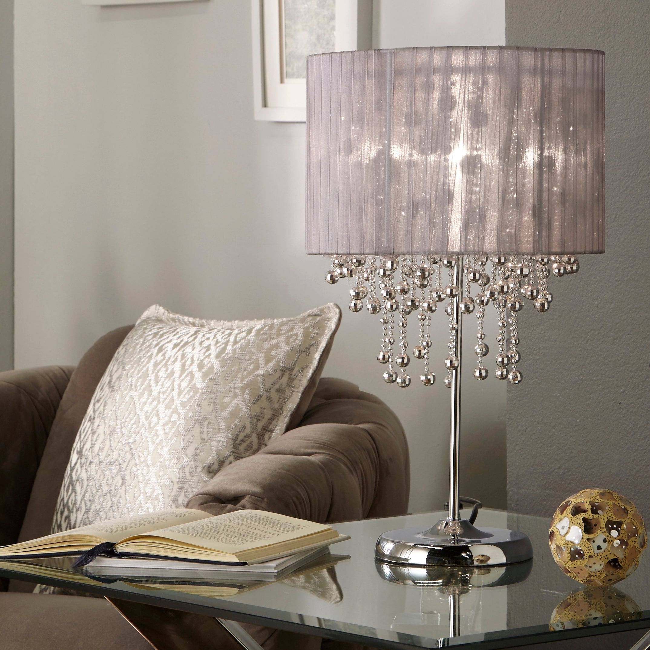 Kendra Grey Drum Lamp with Crystal Droplets