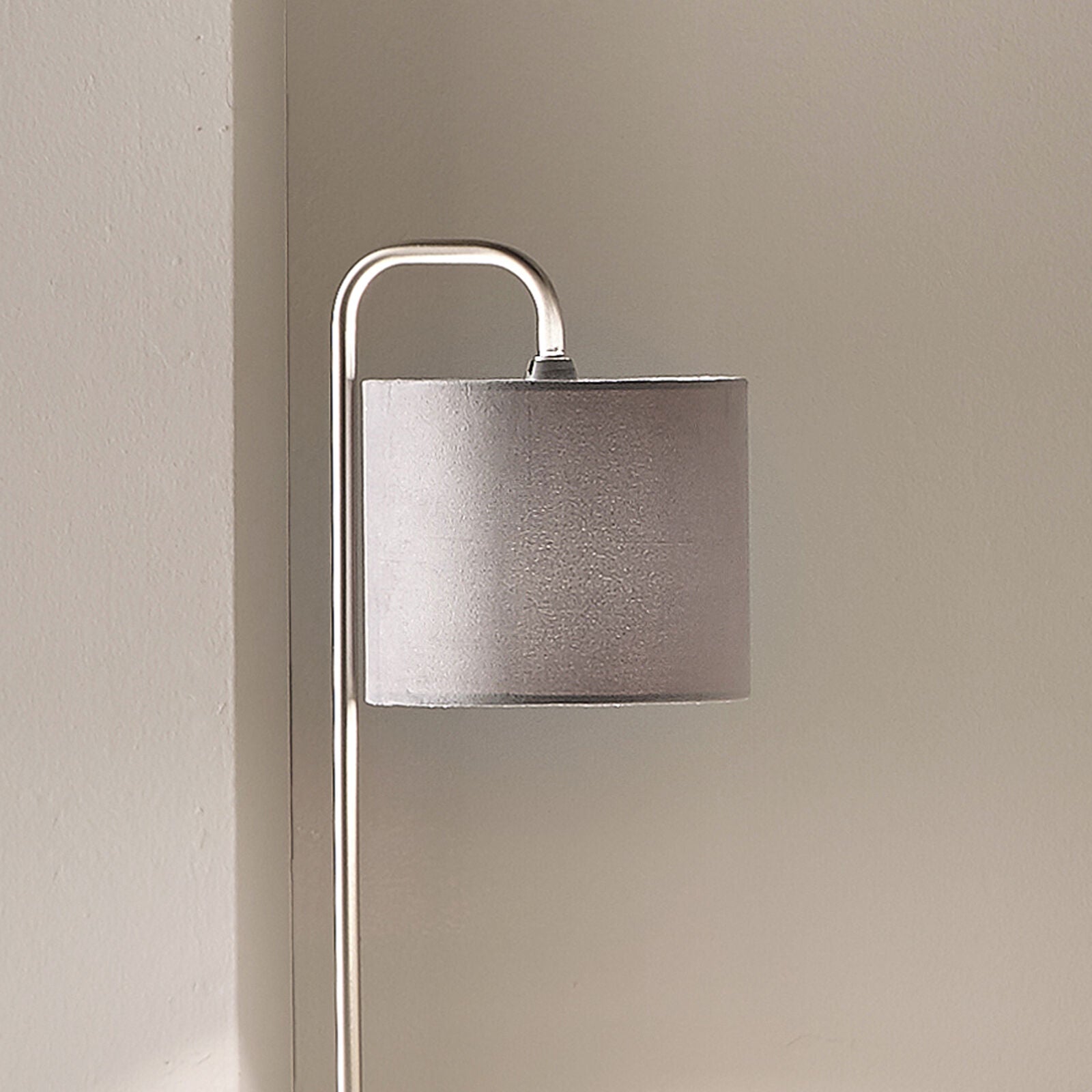 Hannah Satin Nickel Lamp with Grey Velvet Drum Shade